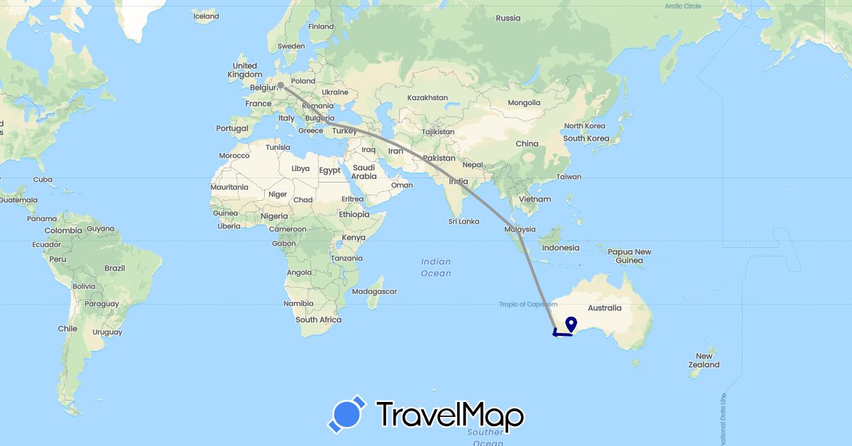 TravelMap itinerary: driving, plane in Australia, Germany, Malaysia, Turkey (Asia, Europe, Oceania)